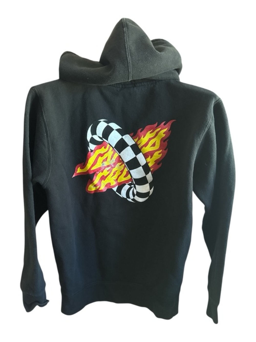 Santa Cruz Black Hoodie with Checkerboard Racing Stripes Ring & Flames Graphic